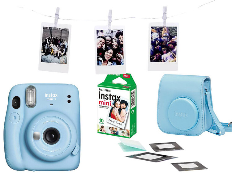 Fujifilm Instax Mini 11 (niebieski - sky blue) + wkład 10 zdjęć + pokrowiec + klamerki do zdjęć + podklejki