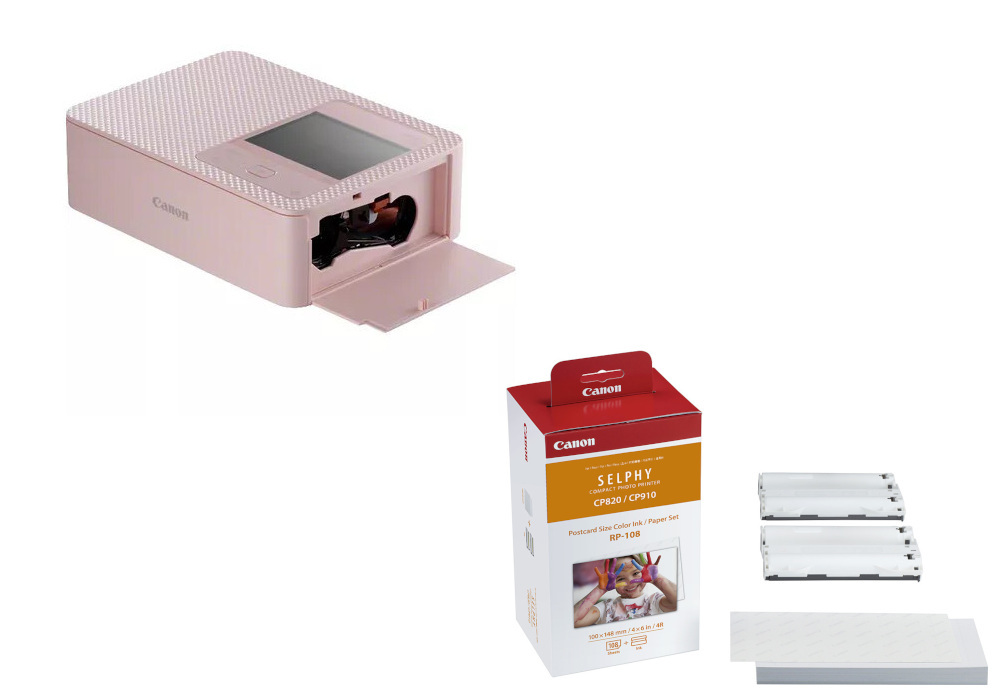 Zestaw Drukarka Canon Selphy CP1500 (różowa) + Papier CANON RP-108