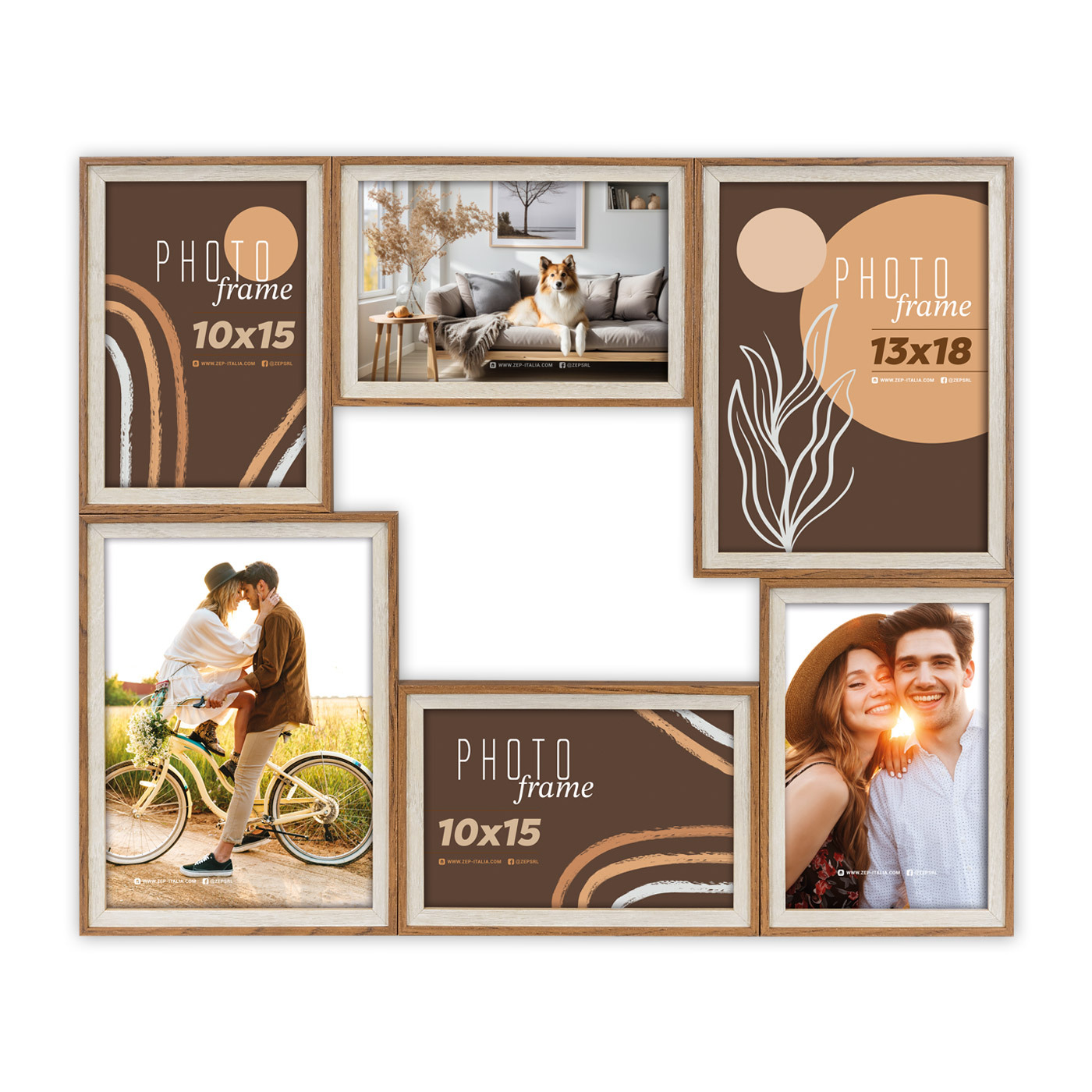 Ramka Italia Vestfalia 10x15 x4 13x18 x2 - Brązowo-biała, 10x15, 13x18, 10x15 x4 / 13x18