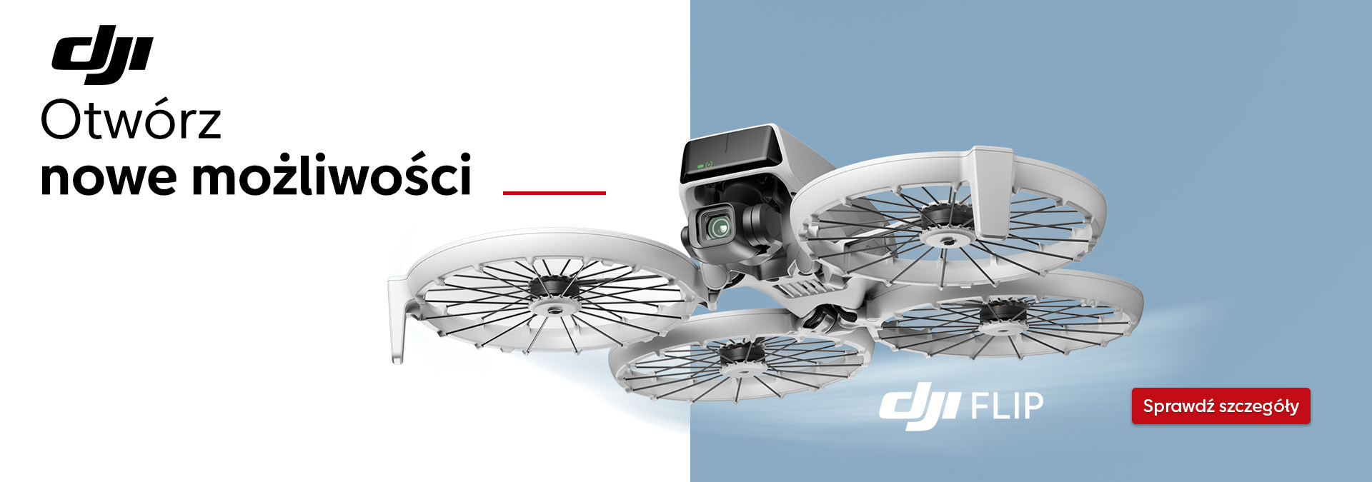 Dron DJI FLIP z oryginalnym designem i czterema obrotowymi śmigłami na niebieskim tle