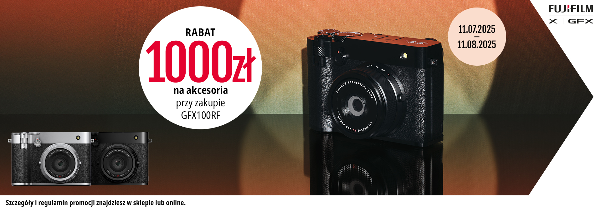 Banner Fujifilm GFX100RF, widoczny aparat, opis promocji: rabat 100zł na akcesoria przy zakupie aparatu