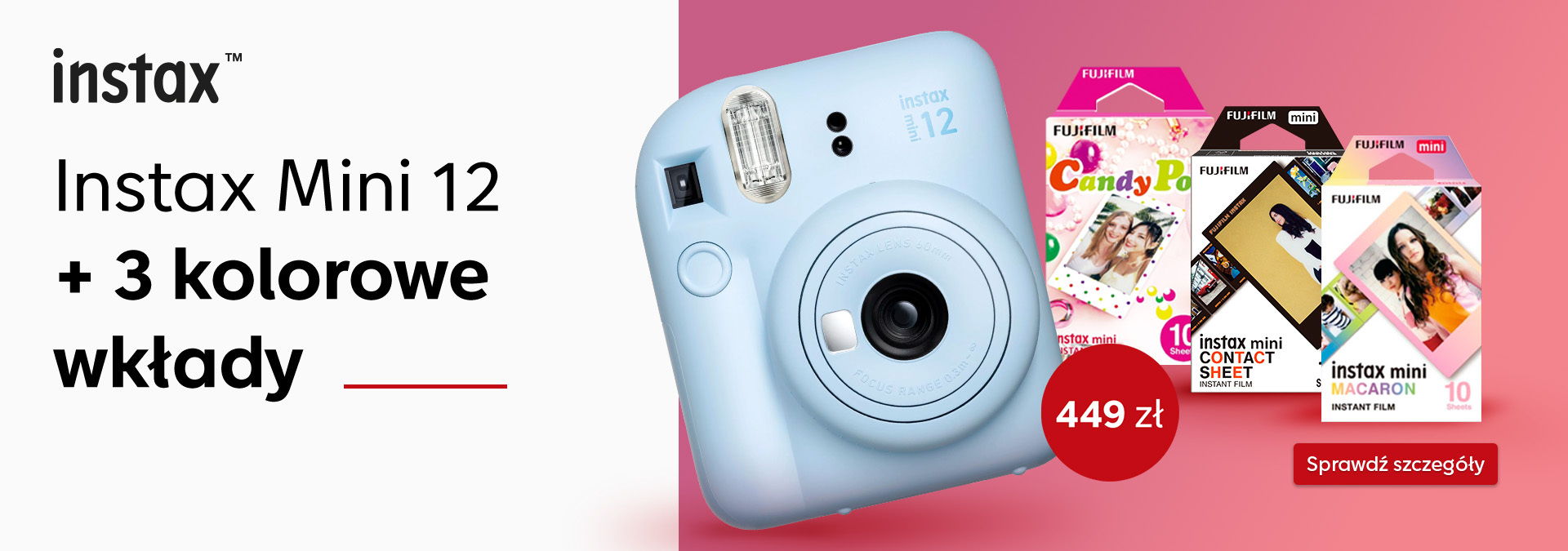 Aparat Instax Mini 12 w kolorze jasnoniebieskim z trzema kolorowymi wkładami obok, cena 449 zł
