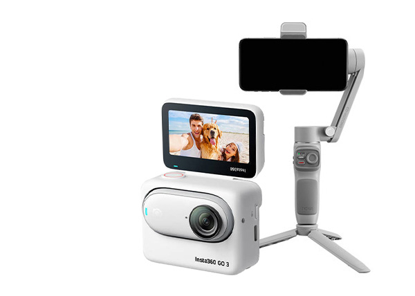 Zestaw kamery Insta360 GO 3 z wyświetlaczem, uchwytem i statywem.