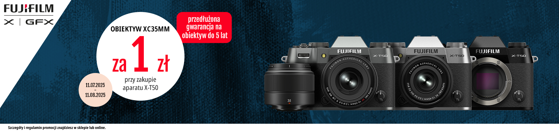 Trzy aparaty i obiektyw, informacja o promocji przy zakupie X-T50 obiektyw XC35mm za 1zł