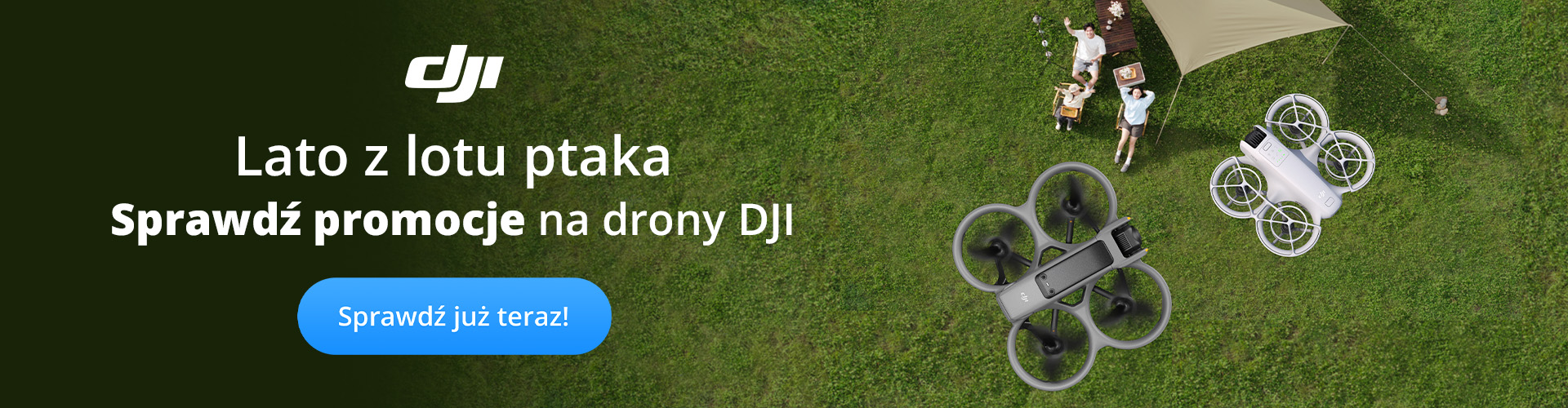 Baner DJI Neo, dwa drony nad łąką