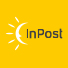 Żółte logo InPost z białym półksiężycem i promieniami po lewej stronie oraz napisem „InPost” po prawej stronie na żółtym tle